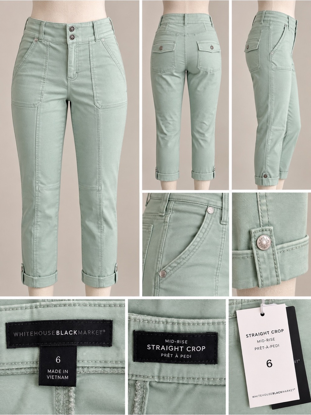 White House Black Market Mint Green Mid-Rise Straight Crop Pants